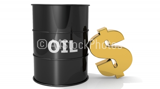 Black crude oil barrels with golden dollar sign