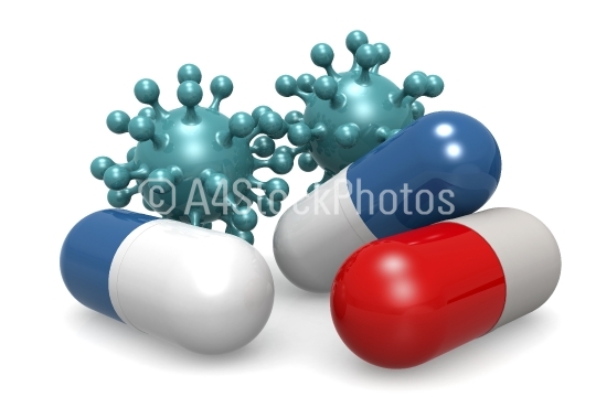 Blue and red tablet pills and virus