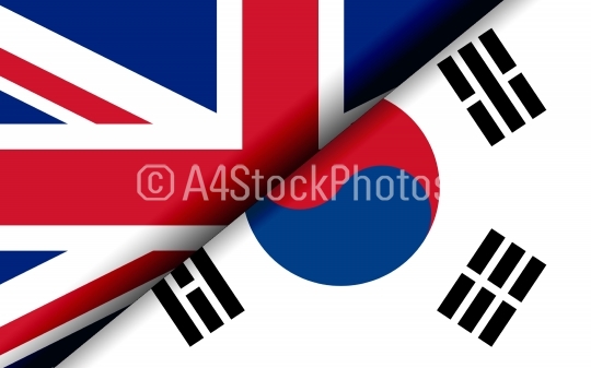 Flags of the United Kingdom and South Korea divided diagonally