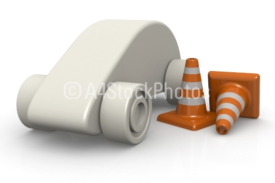 Traffic cones and car model isolated