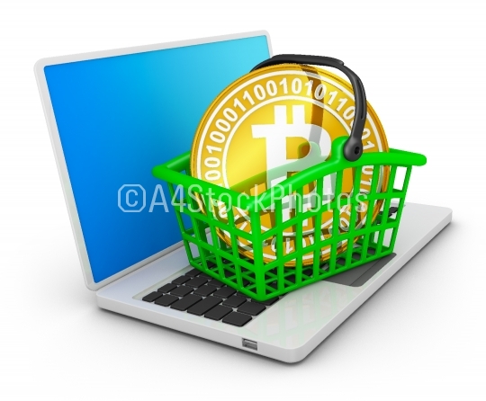  bitcoin in basket on laptop