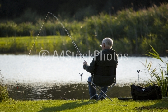 Angler playing a fish on a summers evening