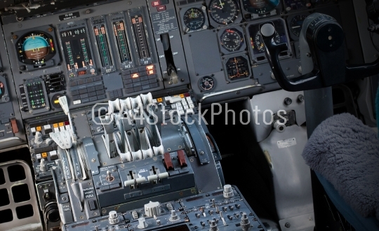 Center console and throttles in airplane