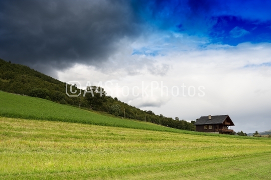Classic Norway cottage landscape background