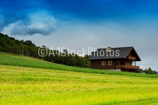 Classic Norway cottage landscape background