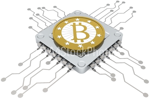 Computer chip and golden Bitcoin isolated
