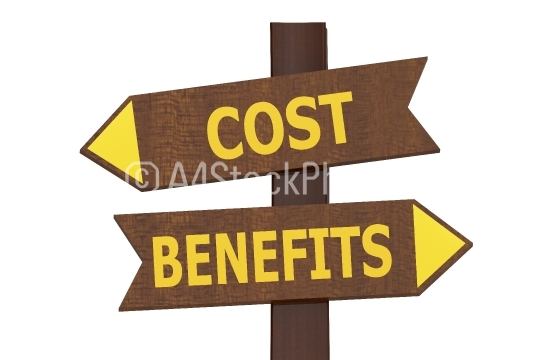 Cost benefits wooden sign post isolated
