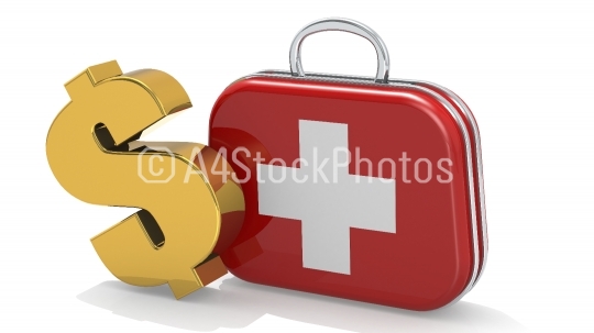 First aid kit box and golden dollar sign