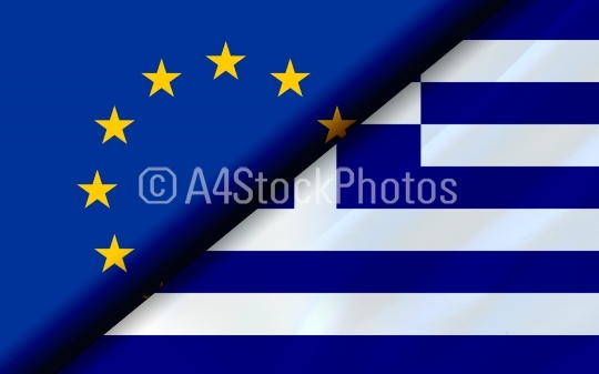 Flags of the EU and Greece divided diagonally