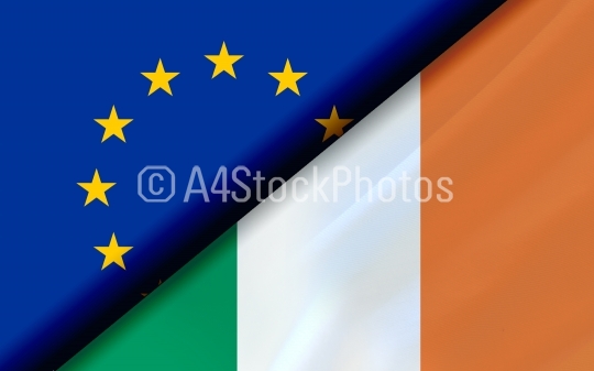 Flags of the EU and Ireland divided diagonally