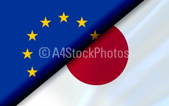 Flags of the EU and Japan divided diagonally