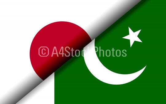 Flags of the Japan and Pakistan divided diagonally
