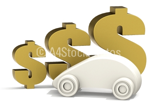 Golden dollar signs with car model isolated on white background