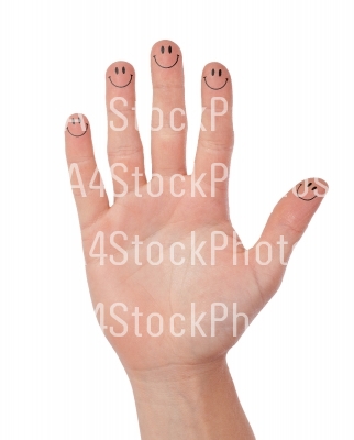 Hand with smileys isolated on white, concept of communication