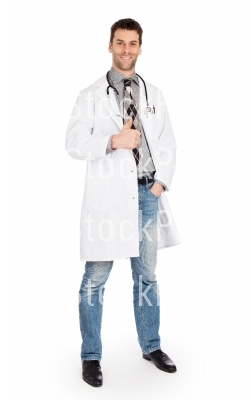 Happy male doctor showing thumb up