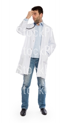 Humorous portrait of a young depressed surgeon with a stethoscop