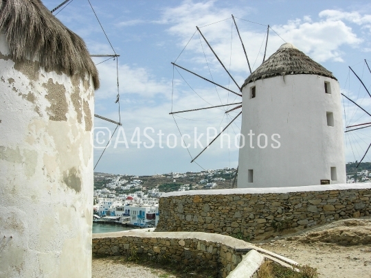 Mykonos as seen from between two windmills