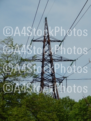 Power lines in the city, strained wires on a metal structure