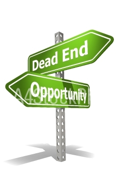 Road sign with dead end and opportunity word