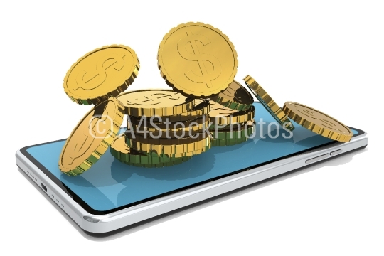 Smart phone with stack of gold coin