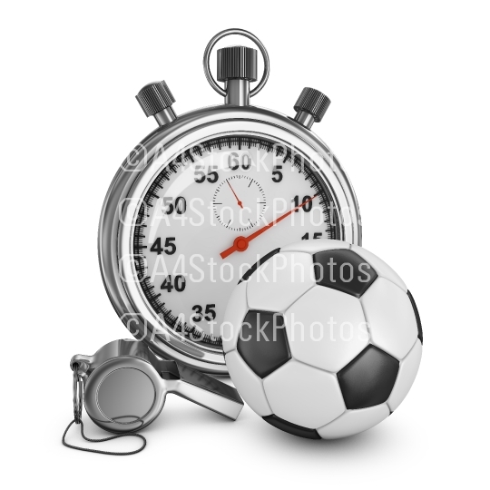 Soccer ball, referee whistle and stopwatch