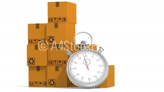 Stopwatch with card box. Speedy delivery concept