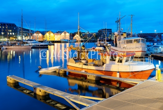 Tromso night quay postcard background