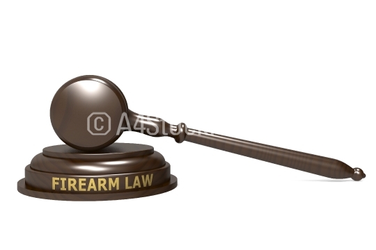 Wooden judge gavel with firearm law word